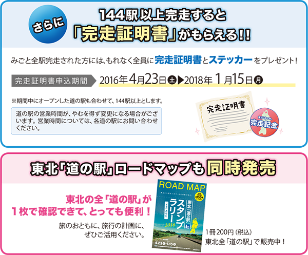 144駅以上完走すると「完走証明書」がもらえる！！　東北「道の駅」ロードマップも同時発売