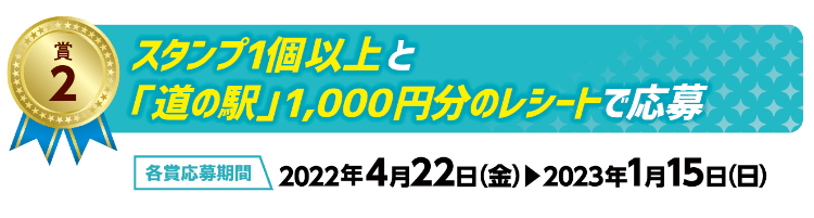 賞2　スタンプ1個以上と「道の駅」1,000円分のレシートで応募　各賞応募期間　2022年4月22日（金）～2023年1月15日（日）