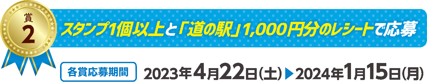 賞2　スタンプ1個以上と「道の駅」1,000円分のレシートで応募　各賞応募期間　2023年4月22日（土）～2024年1月15日（月）